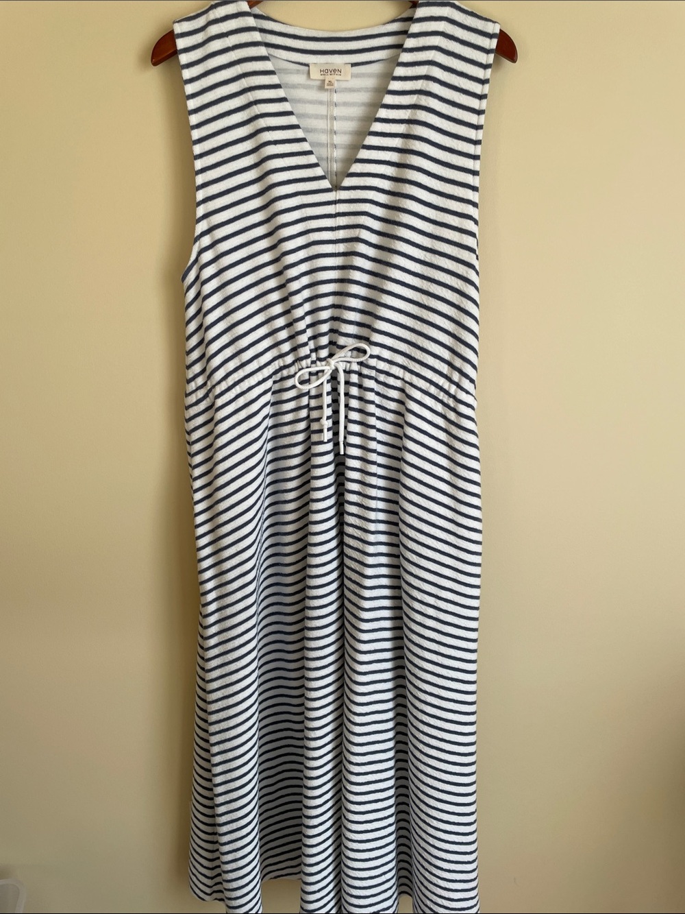 Haven Striped V-Neck Midi Dress in Navy and White